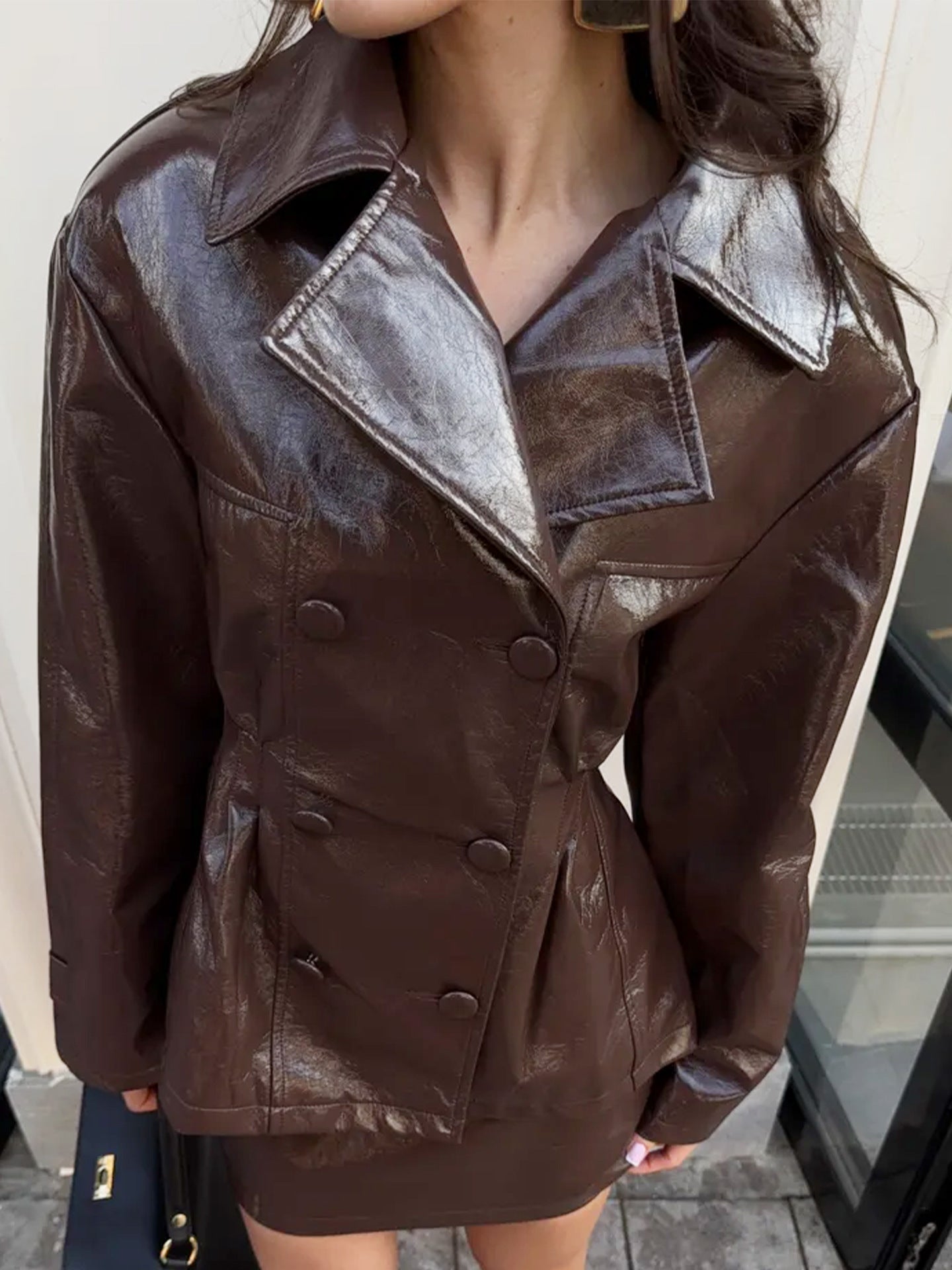 Glossy Faux Leather Skirt Set