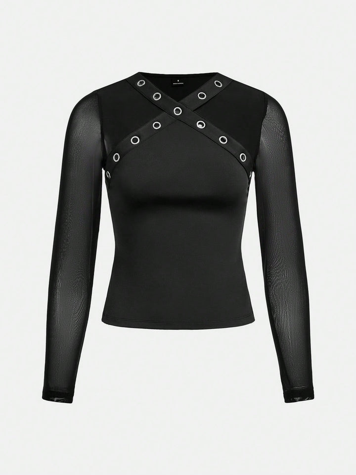 Stretchy Grommet Detail Mesh Top