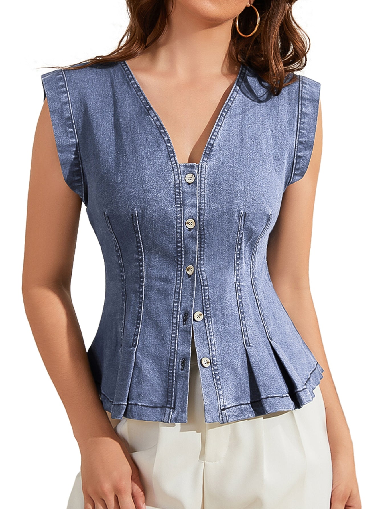 V Neck Fitted Peplum Denim Vest
