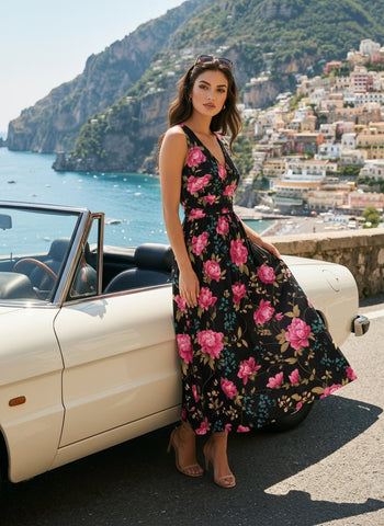 CORINNE
Floral Print V Neck A Line Midi Dress