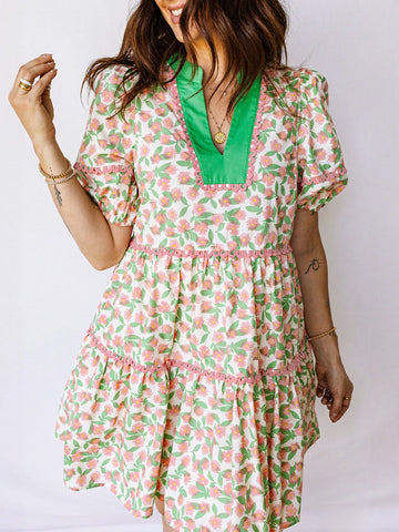 Floral Green Trim Mini Dress