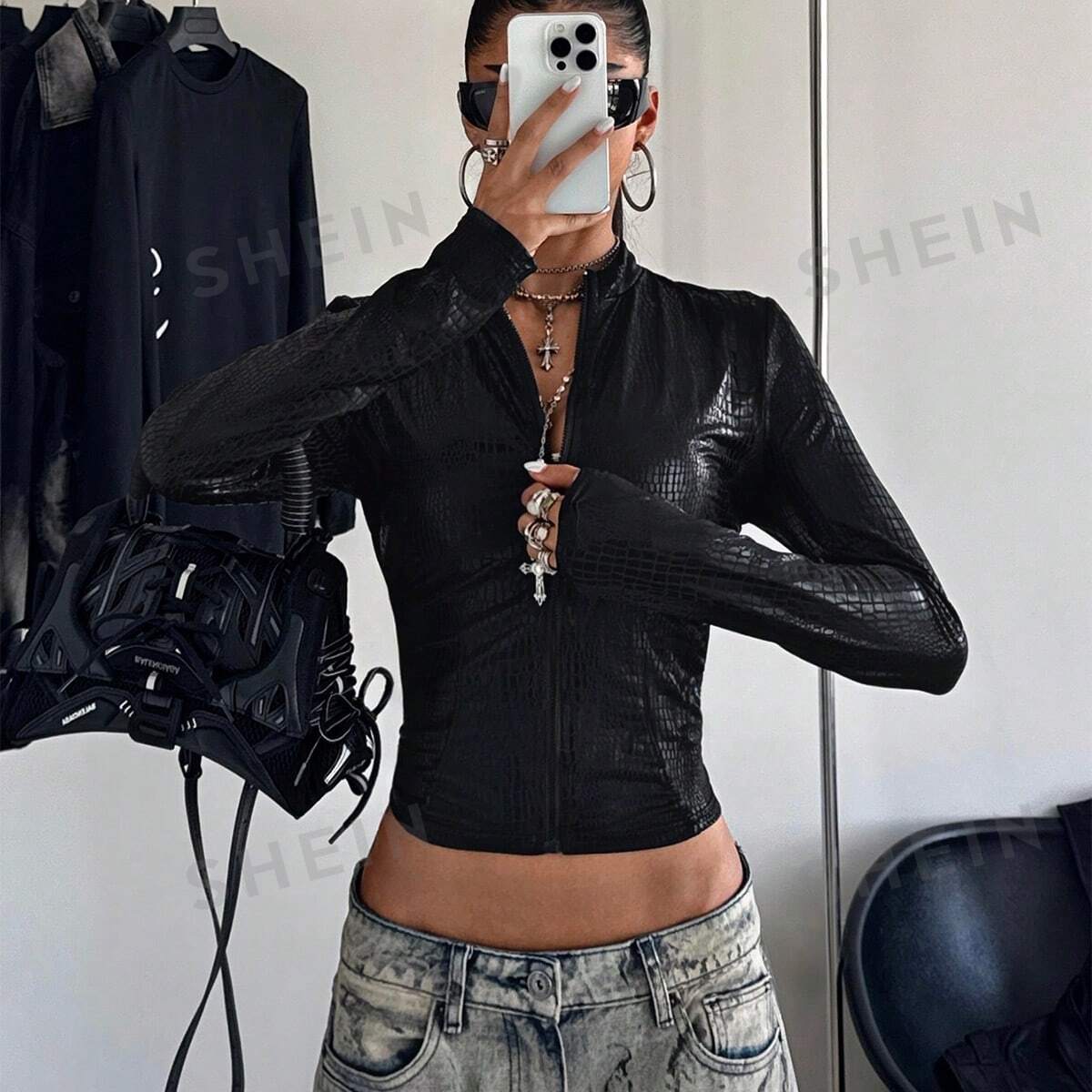 Cropped Faux Leather Zip Jacket