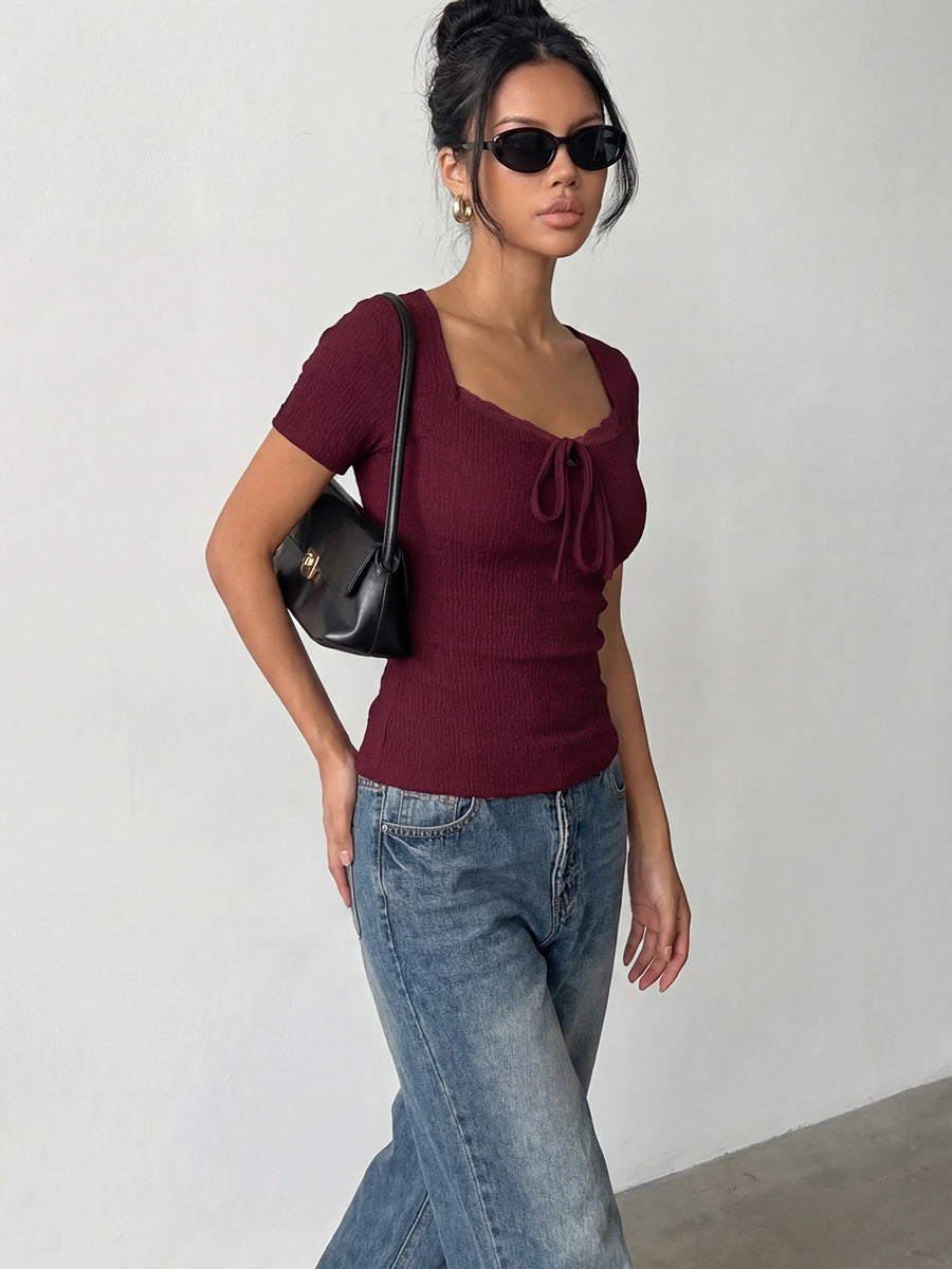 Smocked Lace Trim Tie Front T-Shirt