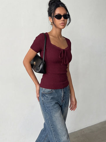 Smocked Lace Trim Tie Front T-Shirt