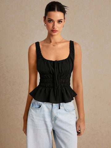 Smocked Square Neck Sleeveless Chiffon Top
