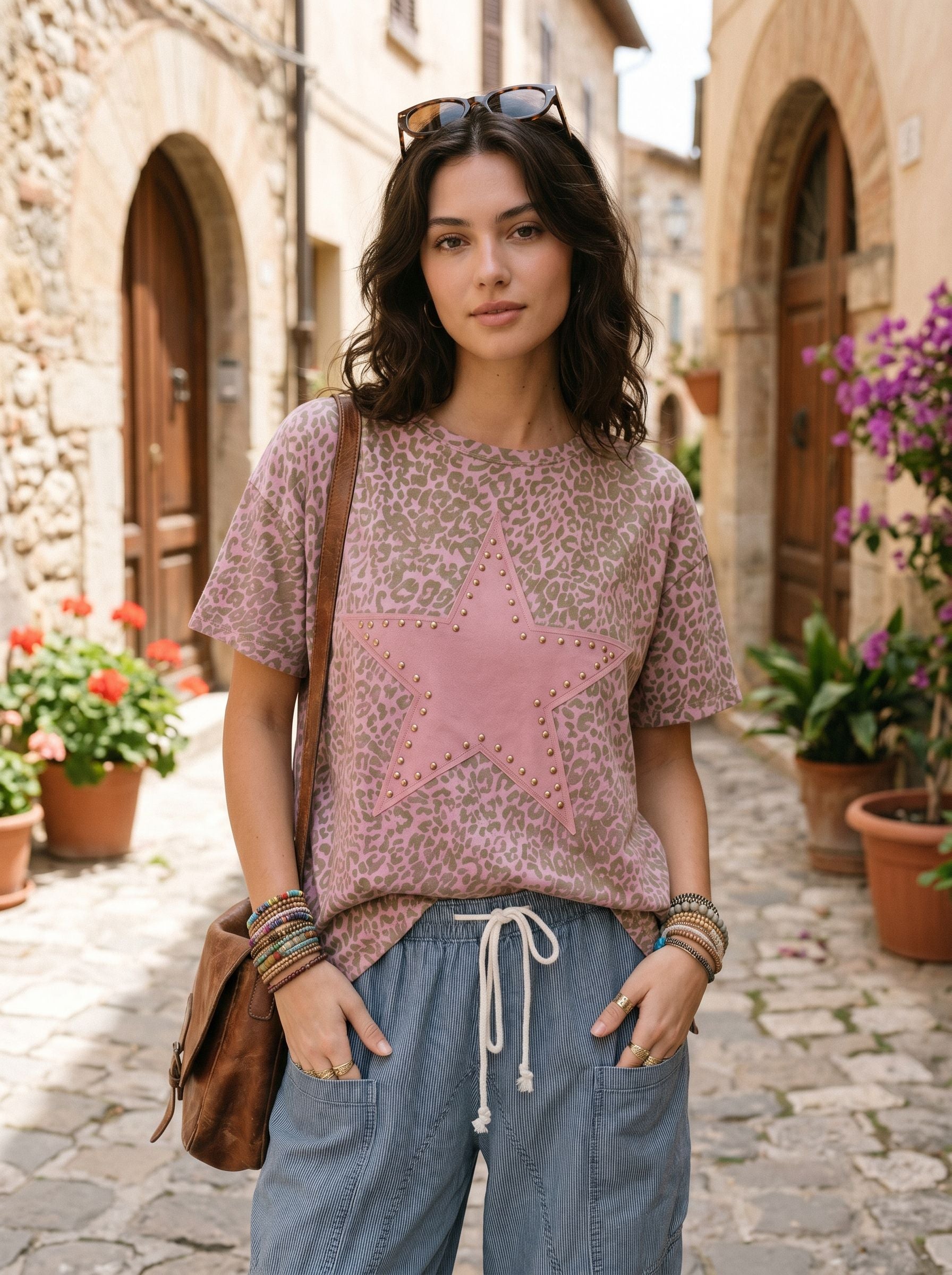 Leopard Star Studded Graphic T Shirt