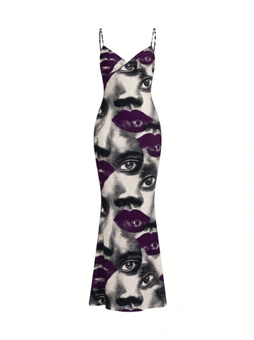 Look into My Eyes Abstract Face Print Maxi Dress