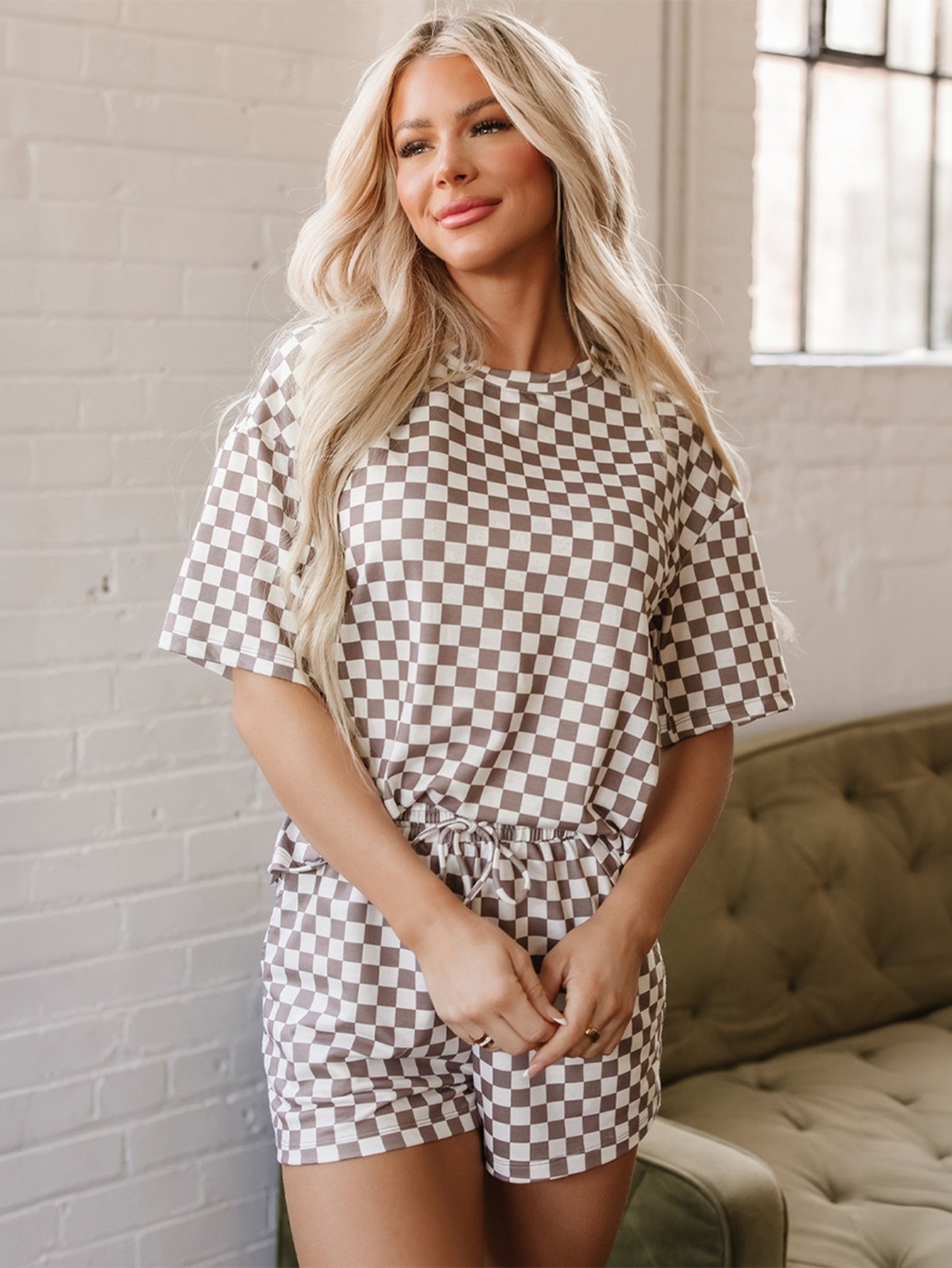 Checkered Print Tie Front Shorts Set