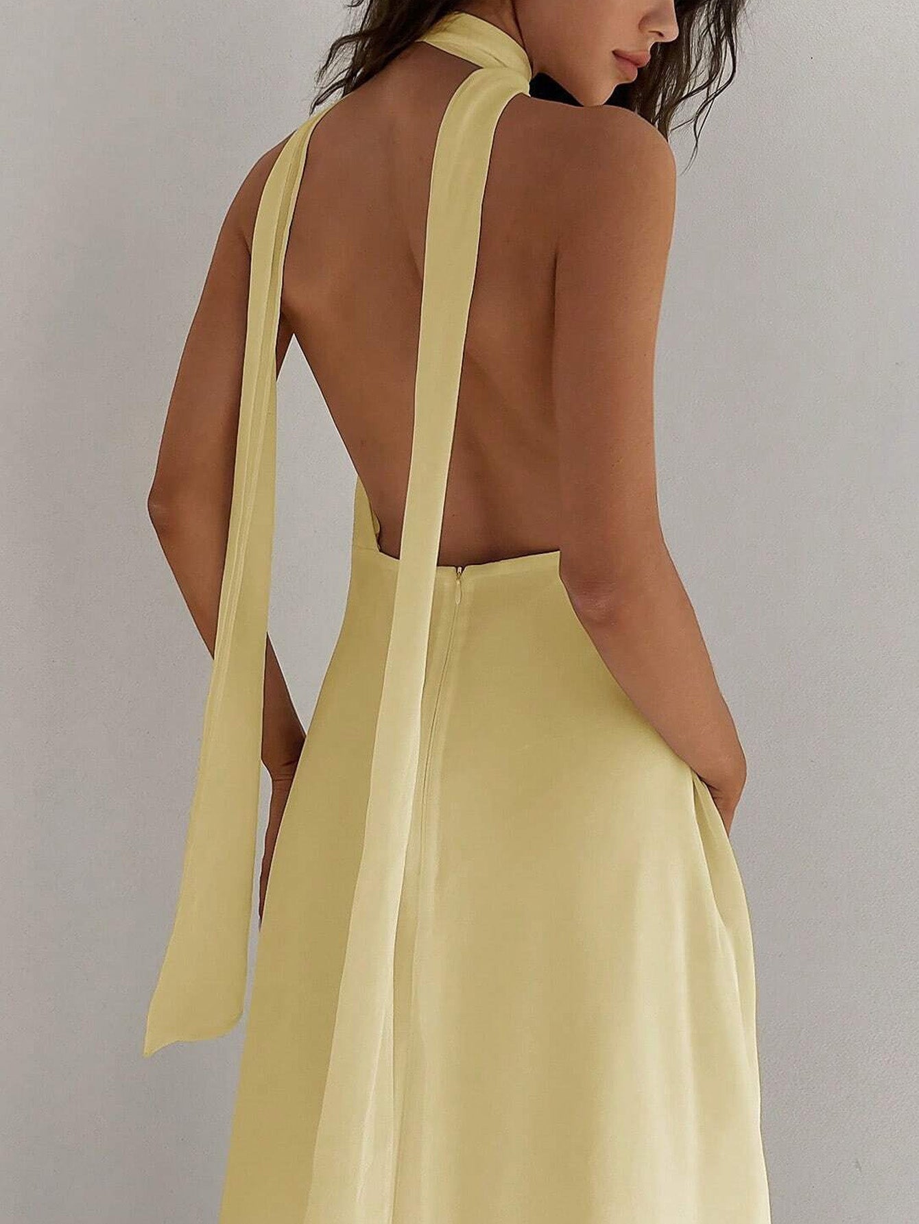 Halter High-Slit Ruched Sexy Evening Dress-Yellow