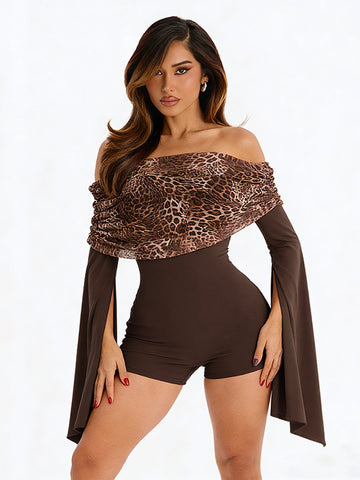 Leopard Capelet Off Shoulder Fashion Jumpsuit