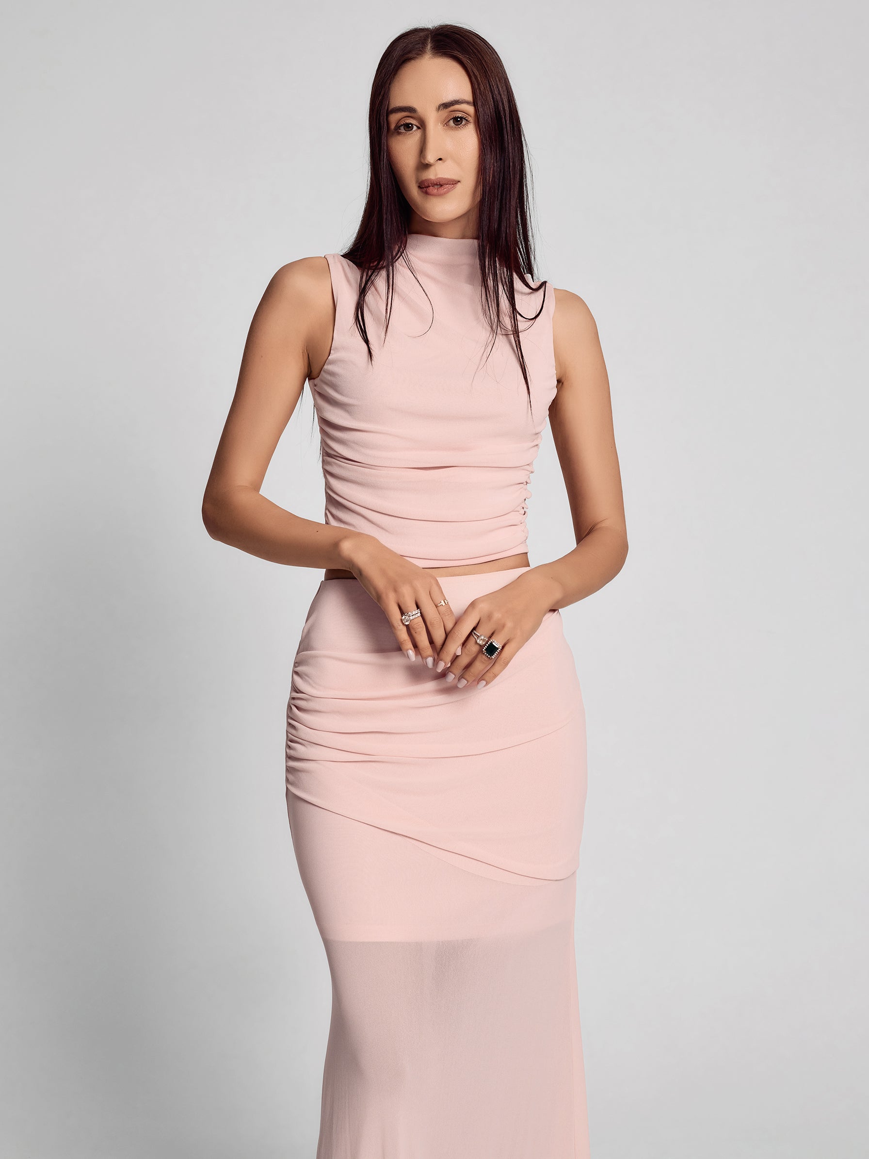 SAÏA Mock Neck Ruched Trendy Tank-Pink