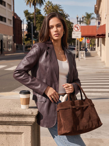 Classic Oversized Brown Faux Leather Blazer