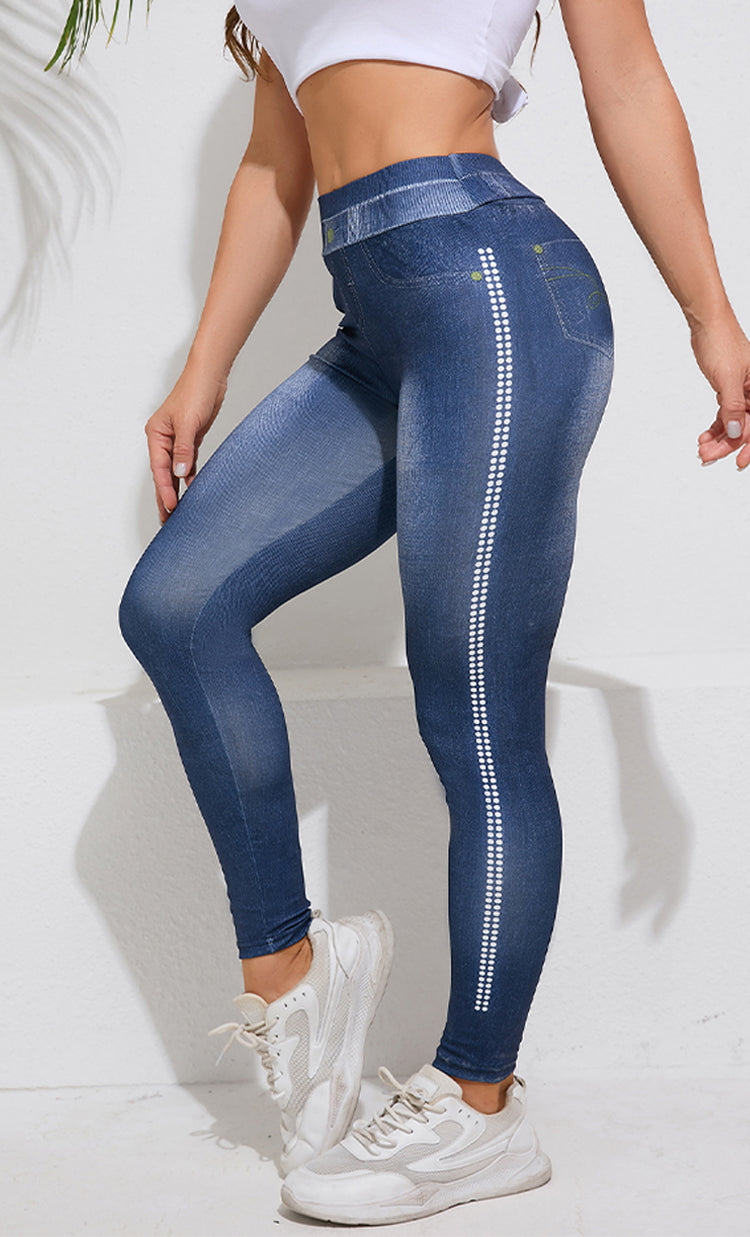 Side-Dot Denim-Print Stretchy Stylish Yoga Pants-Blue