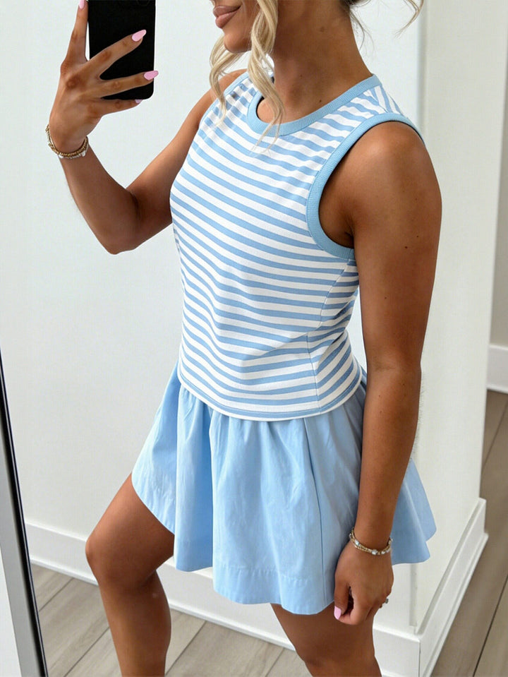 Striped Ribbed Tank Mini Skirt Set