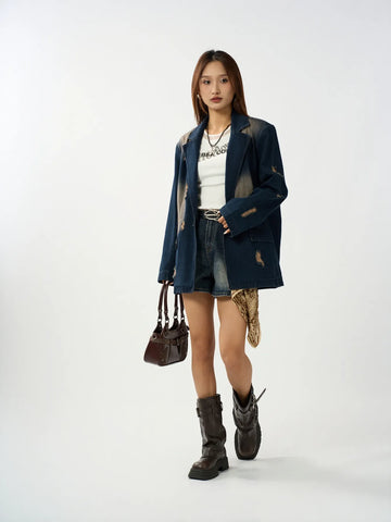 Distressed Oversized Denim Blazer Jacket