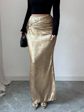 Metallic Ruched High Slit Maxi Skirt