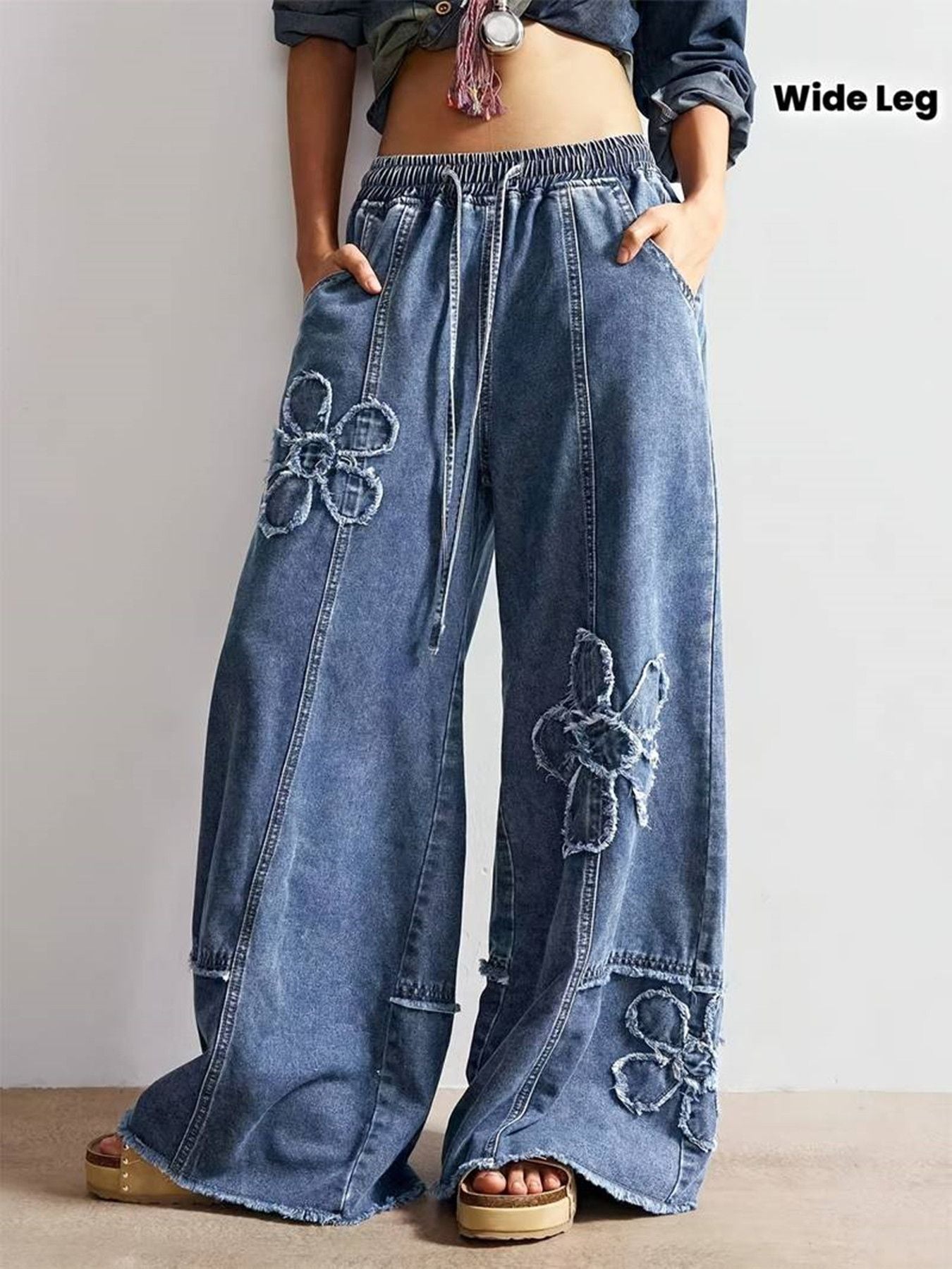 Floral Applique Drawstring Wide Leg Jeans