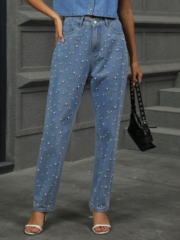 Embellished Pearl High Rise Jeans