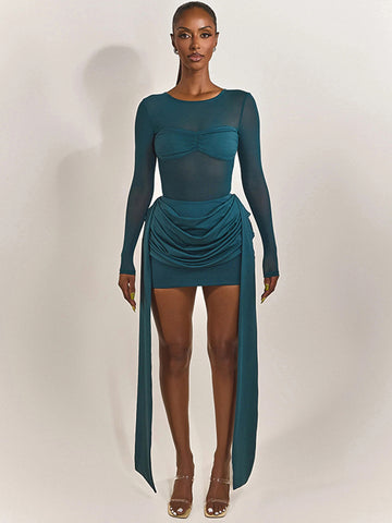 Sheer Mesh Ribbon Detail Elegant Mini Dress