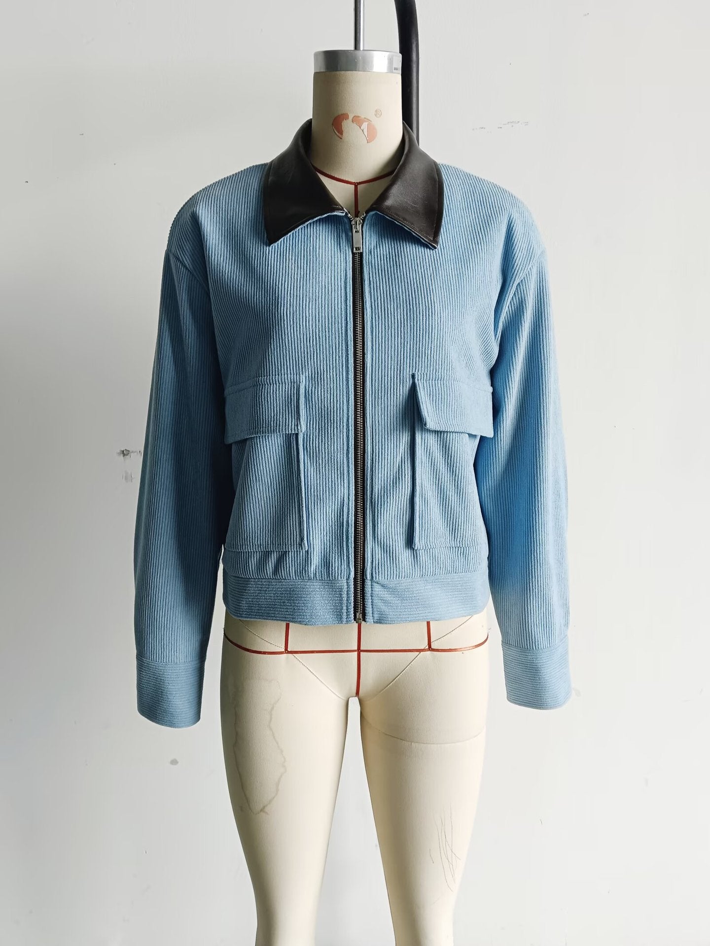 Contrast Collar Corduroy Zip Jacket