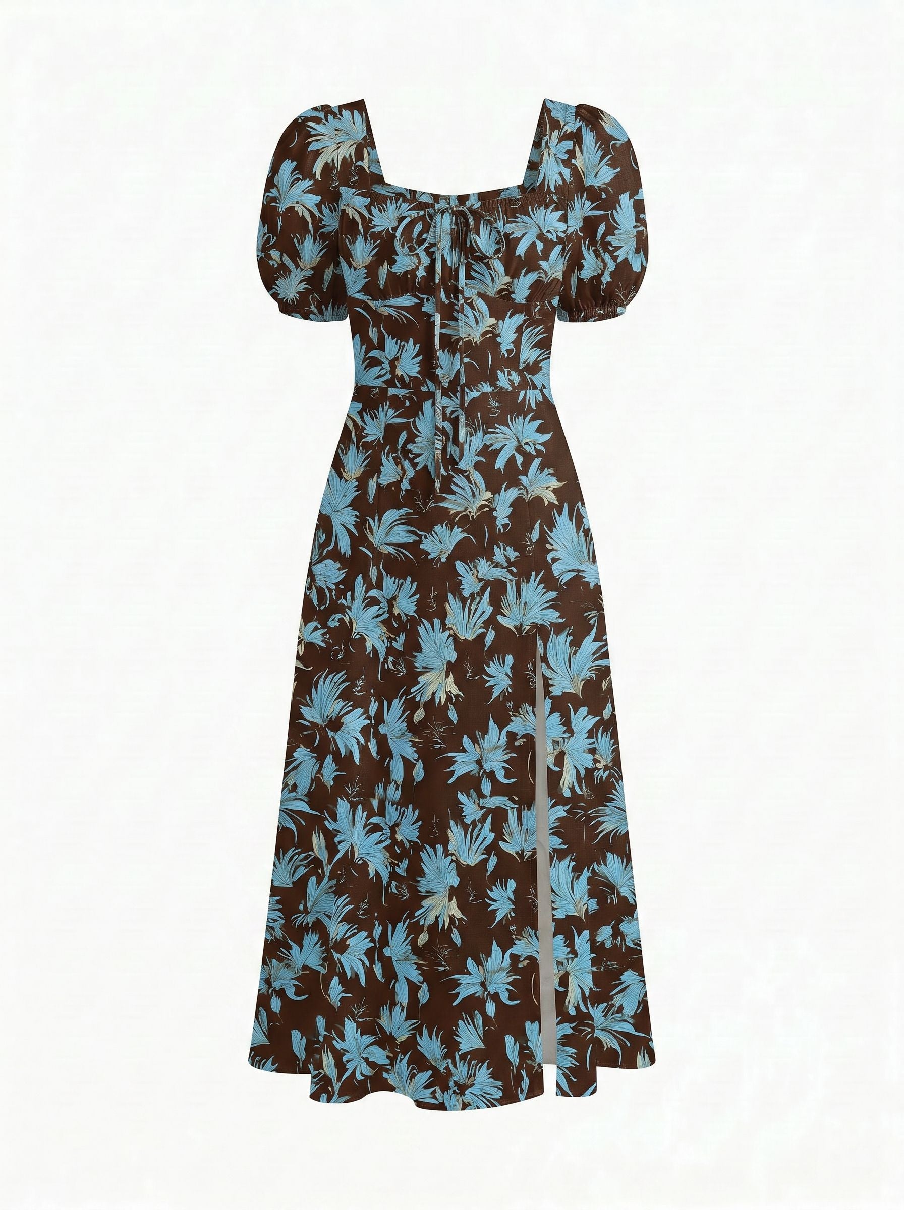 Floral Print Puff Sleeve Tie MidiDress