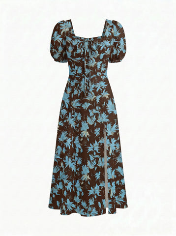 Floral Print Puff Sleeve Tie MidiDress