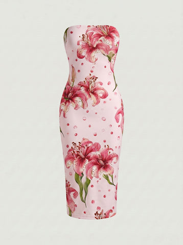 MAIA Floral Print Strapless Sheath Midi Dress