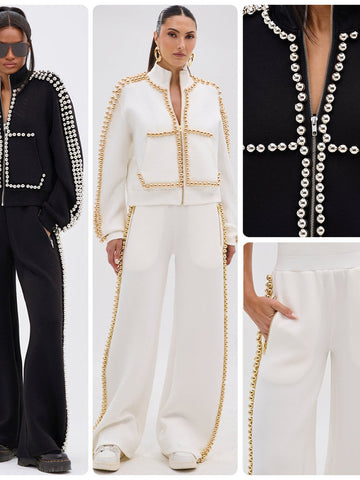 Embellished Studded Zip Up Pant Set