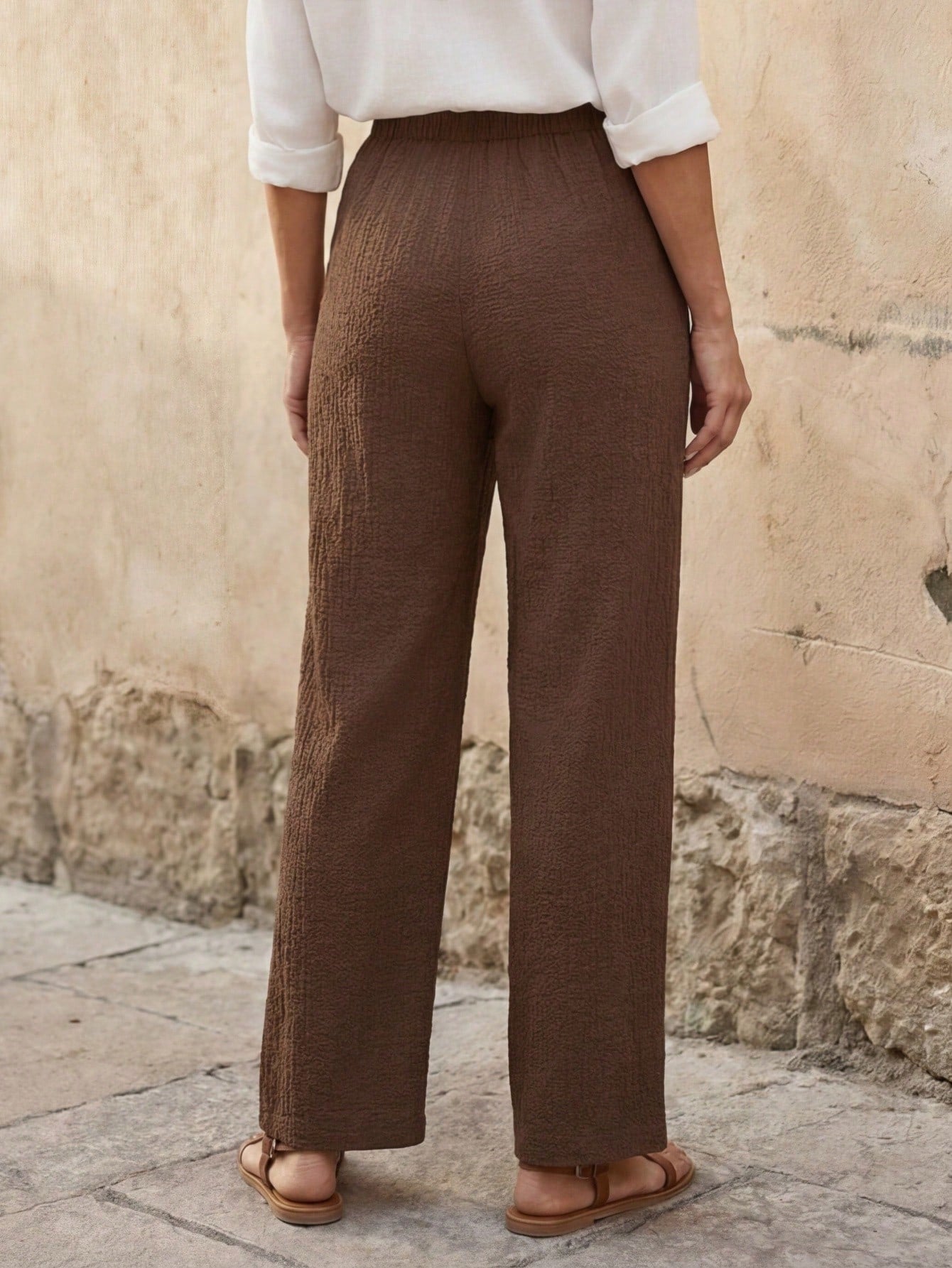 High-Waisted Elastic Waist Draped Casual Pants-Brown