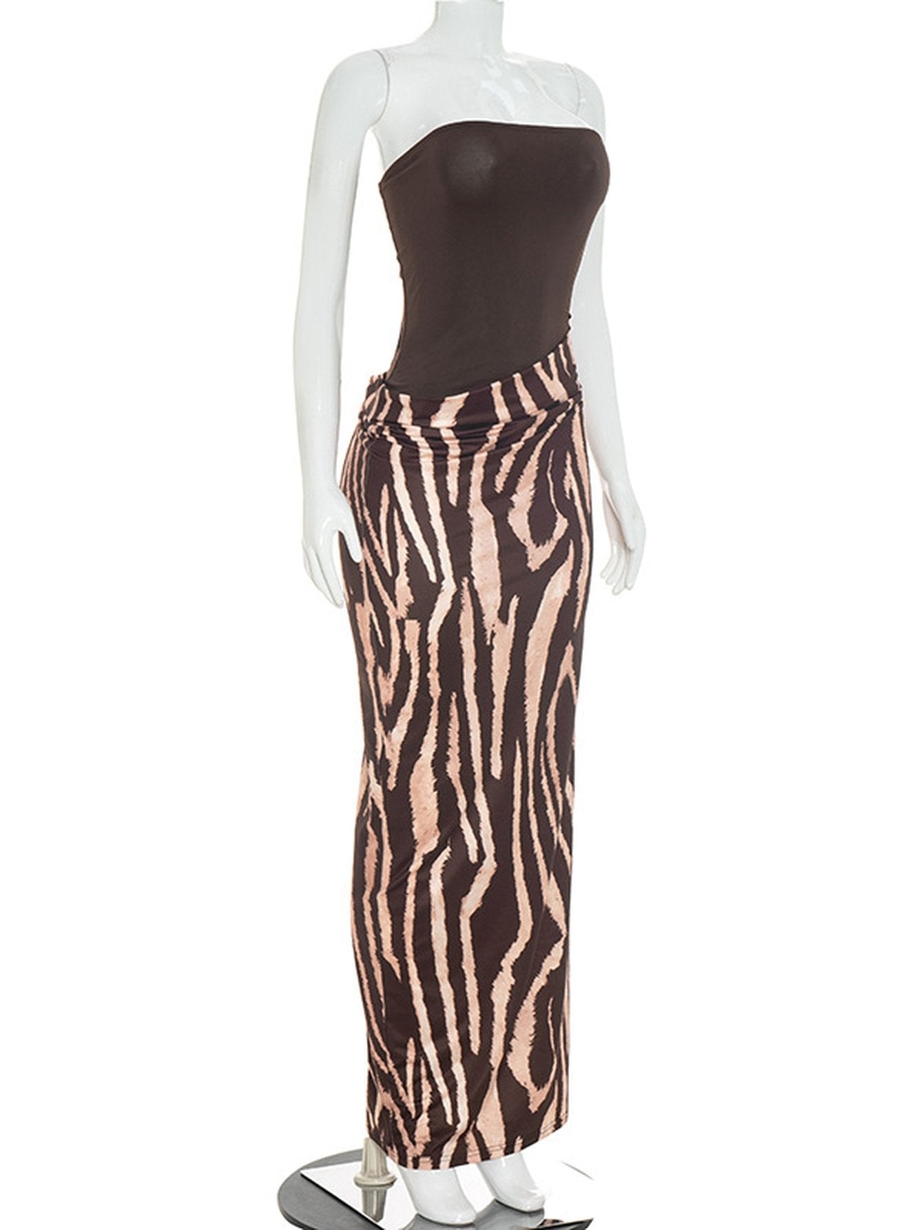 Strapless Zebra Print Bodycon Maxi Dress