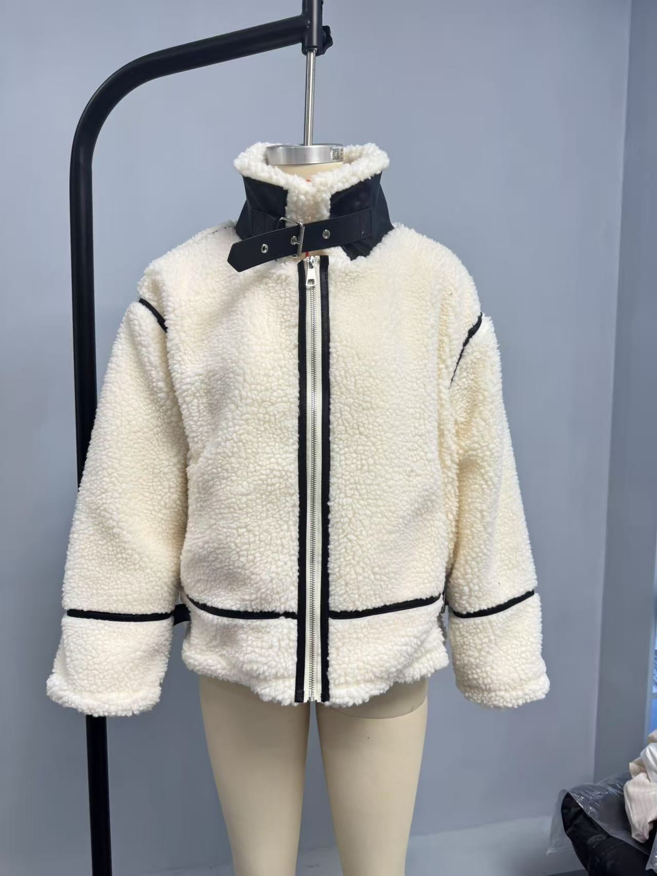 Cozy Faux Leather Trim Fleece Jacket