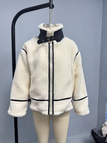 Cozy Faux Leather Trim Fleece Jacket