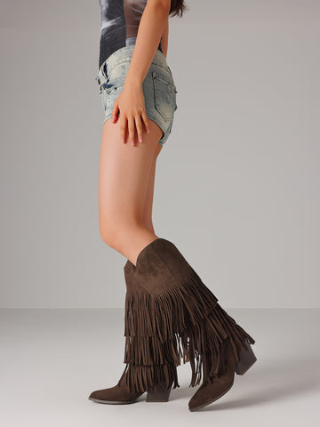 Tiered Long-Fringe Mid-Calf Suede Western Boots-Brown