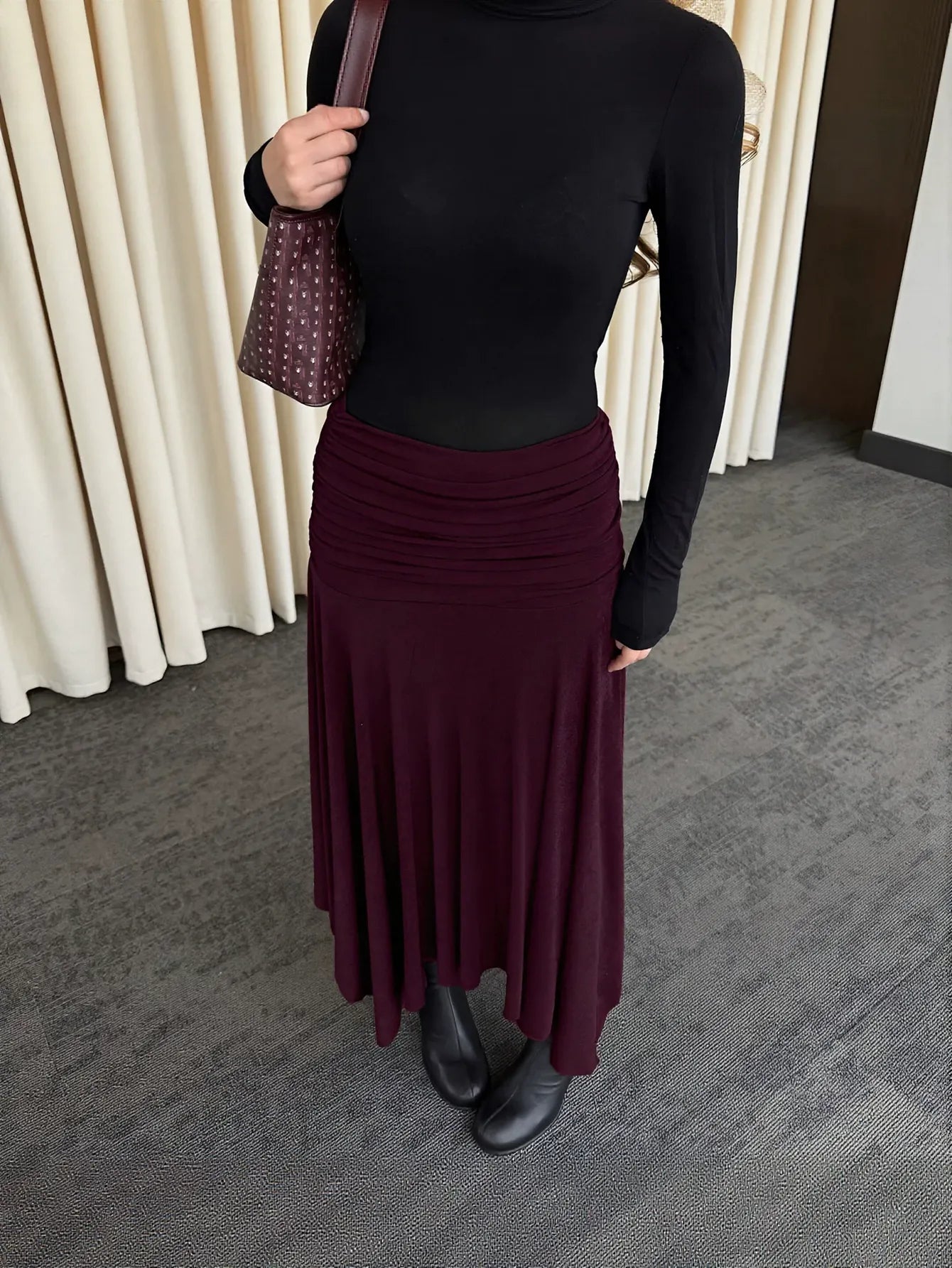 Ruched High Waist Midi Skirt