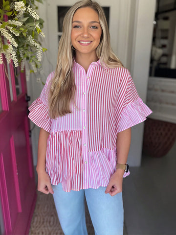 Pink Striped Ruffled Peplum Button Shirt