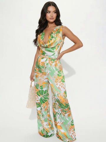Deep V Neck Floral Print Elegant Jumpsuit