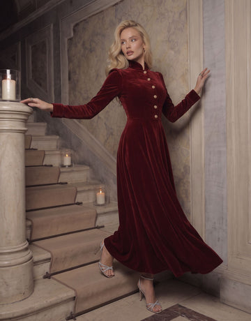 Elegant Velvet Button Up Maxi Dress