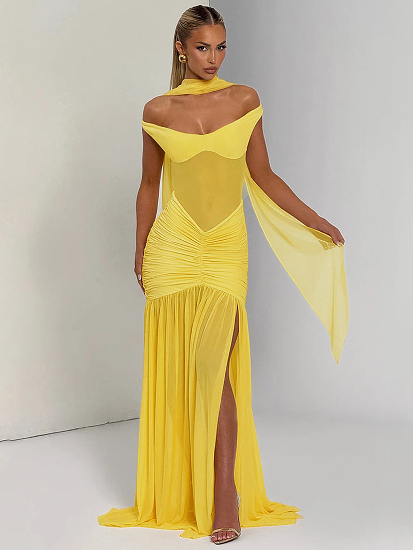 Off Shoulder Sheer Panel Sexy Maxi Dress