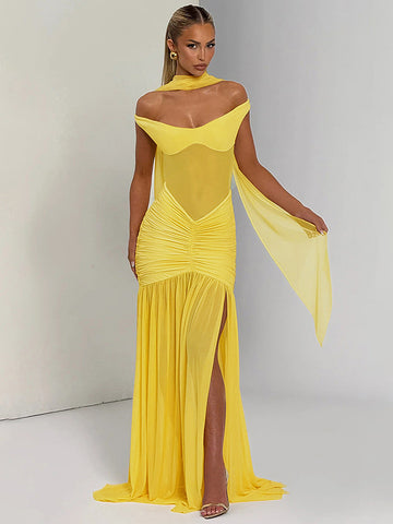 Off Shoulder Sheer Panel Sexy Maxi Dress