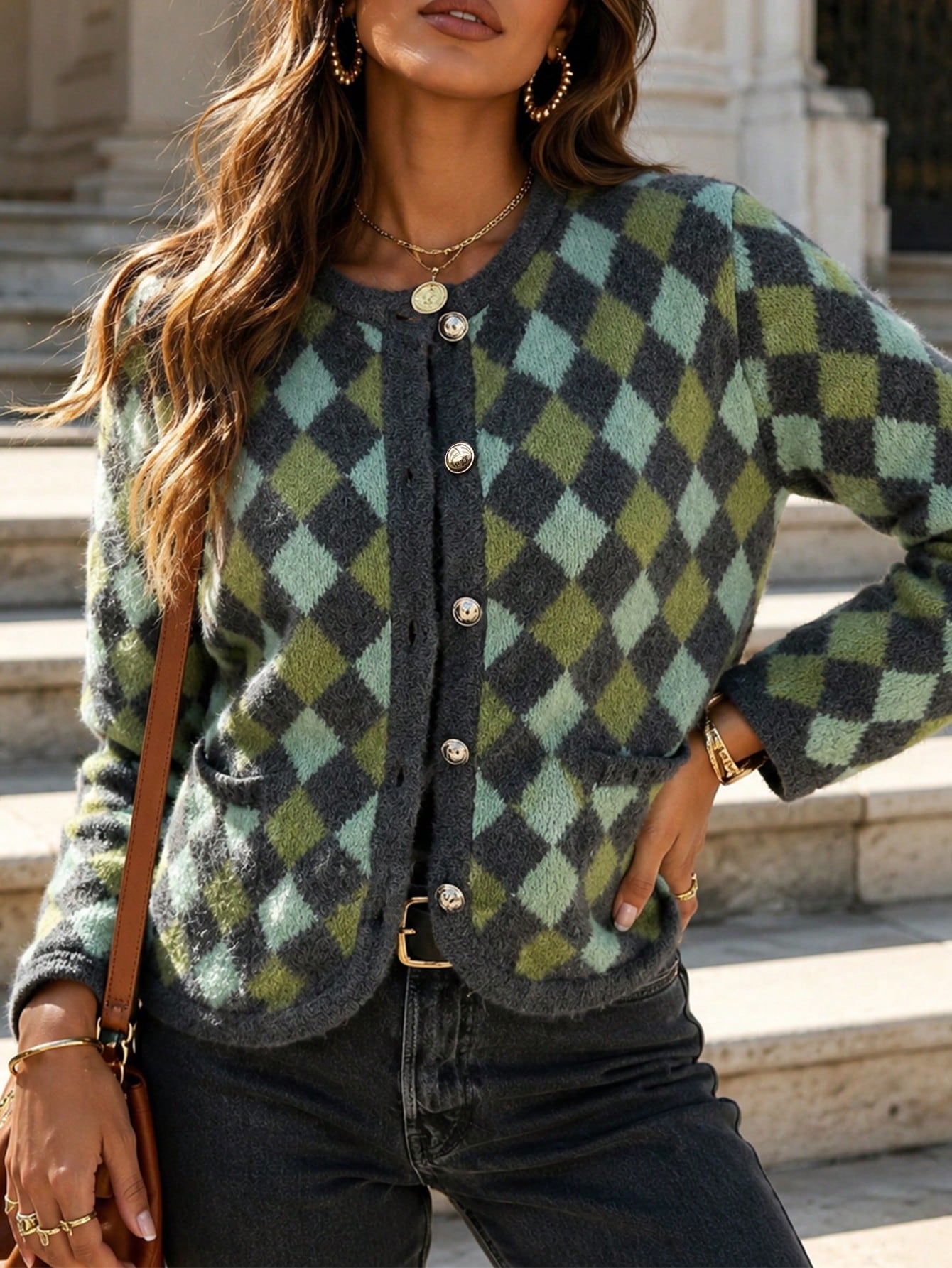 Cozy Argyle Pattern Knit Cardigan