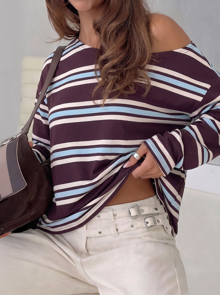 Oversized Striped Off The Shoulder Tee