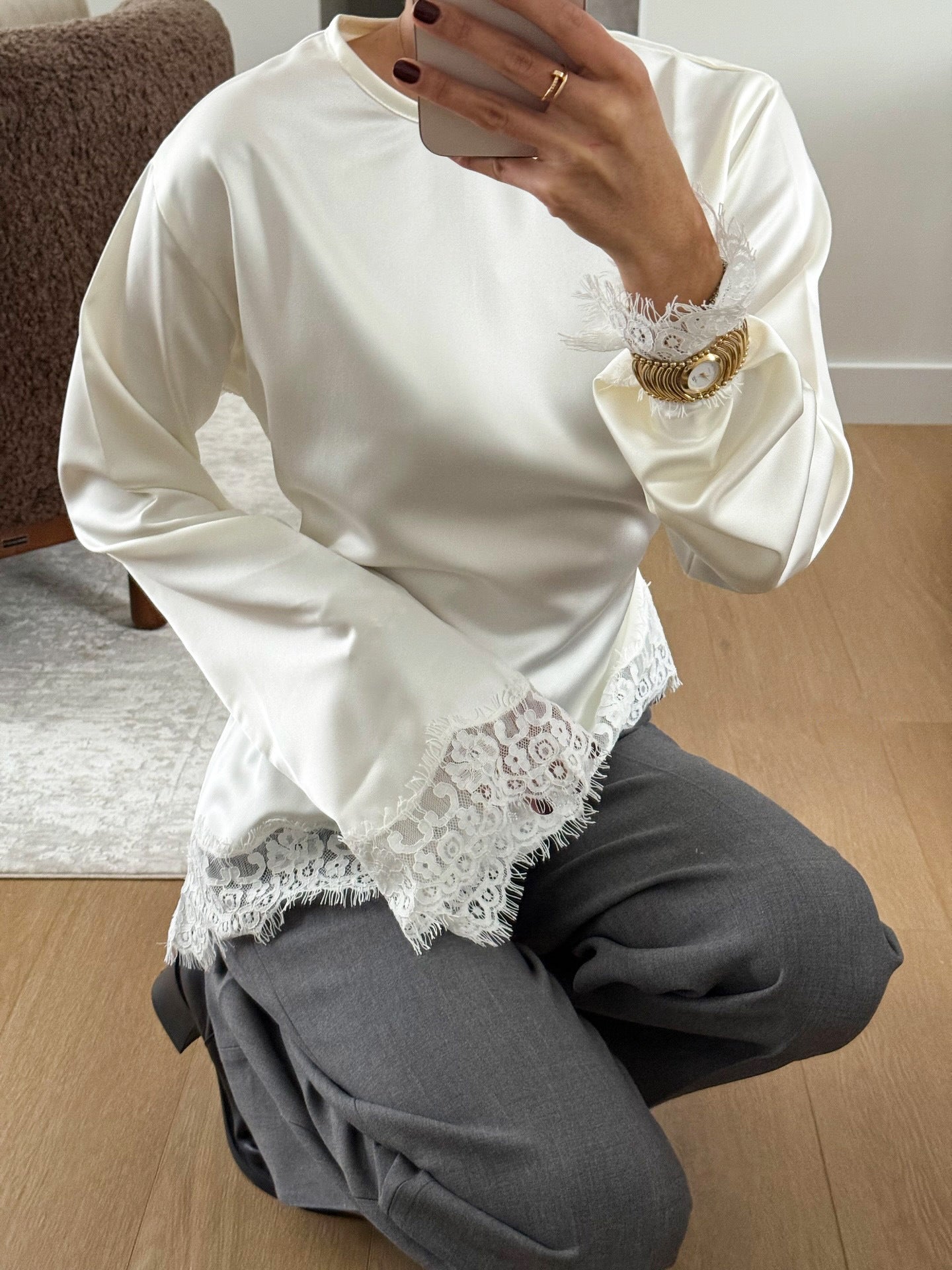 Elegant Lace Trim Satin Blouse