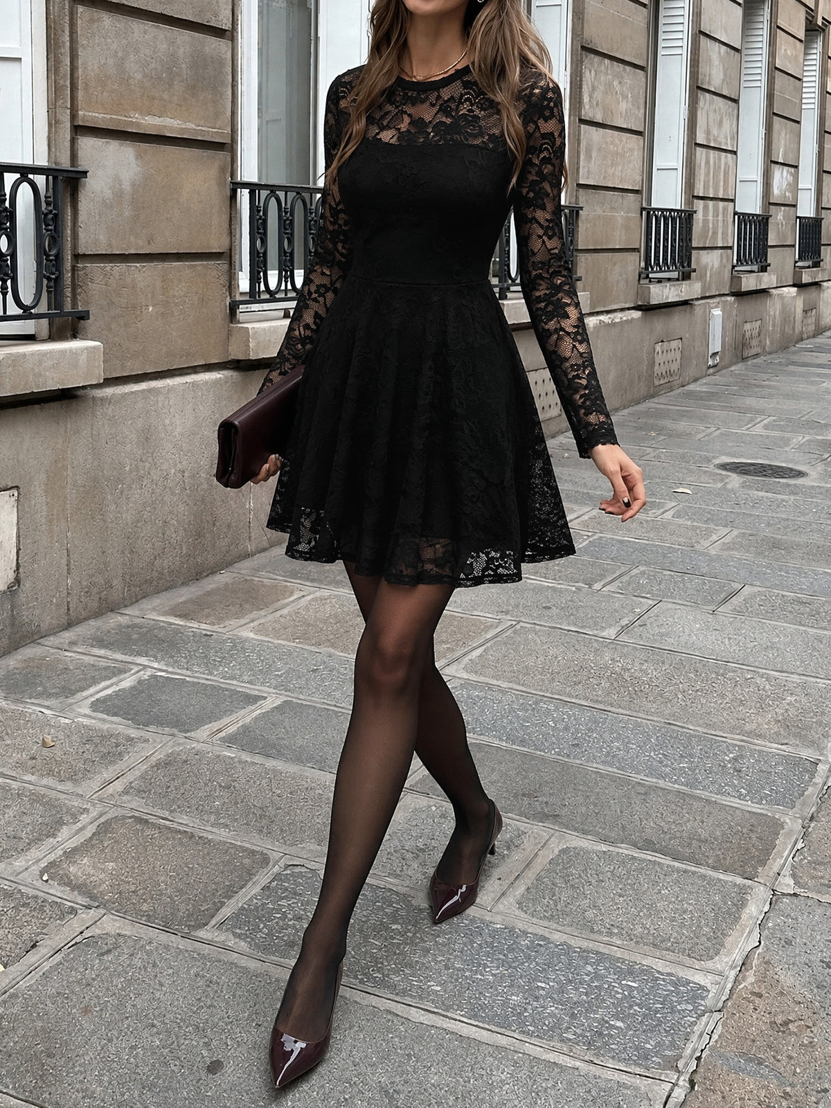 Elegant Long Sleeve Lace Mini Dress