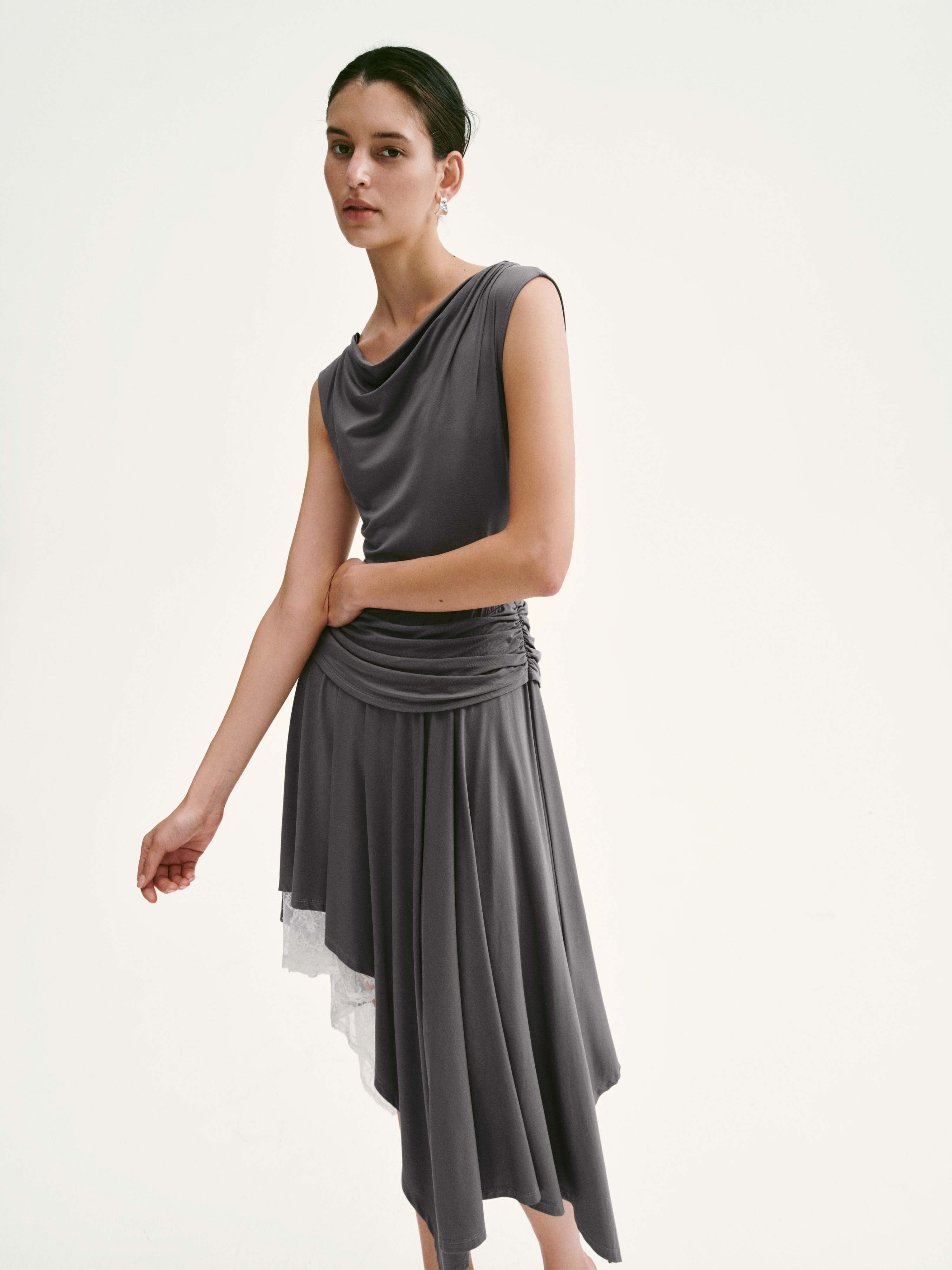 Lace Trim Asymmetric Pleated A-Line Midi Dresses