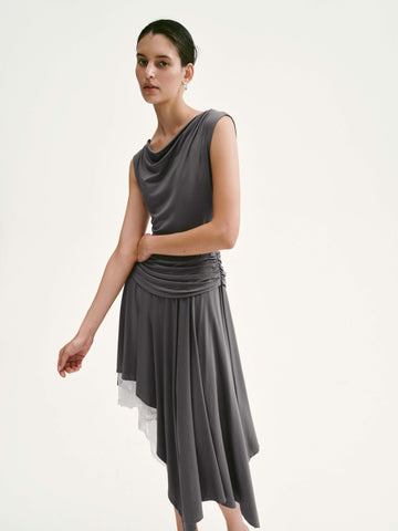 Lace Trim Asymmetric Pleated A-Line Midi Dresses