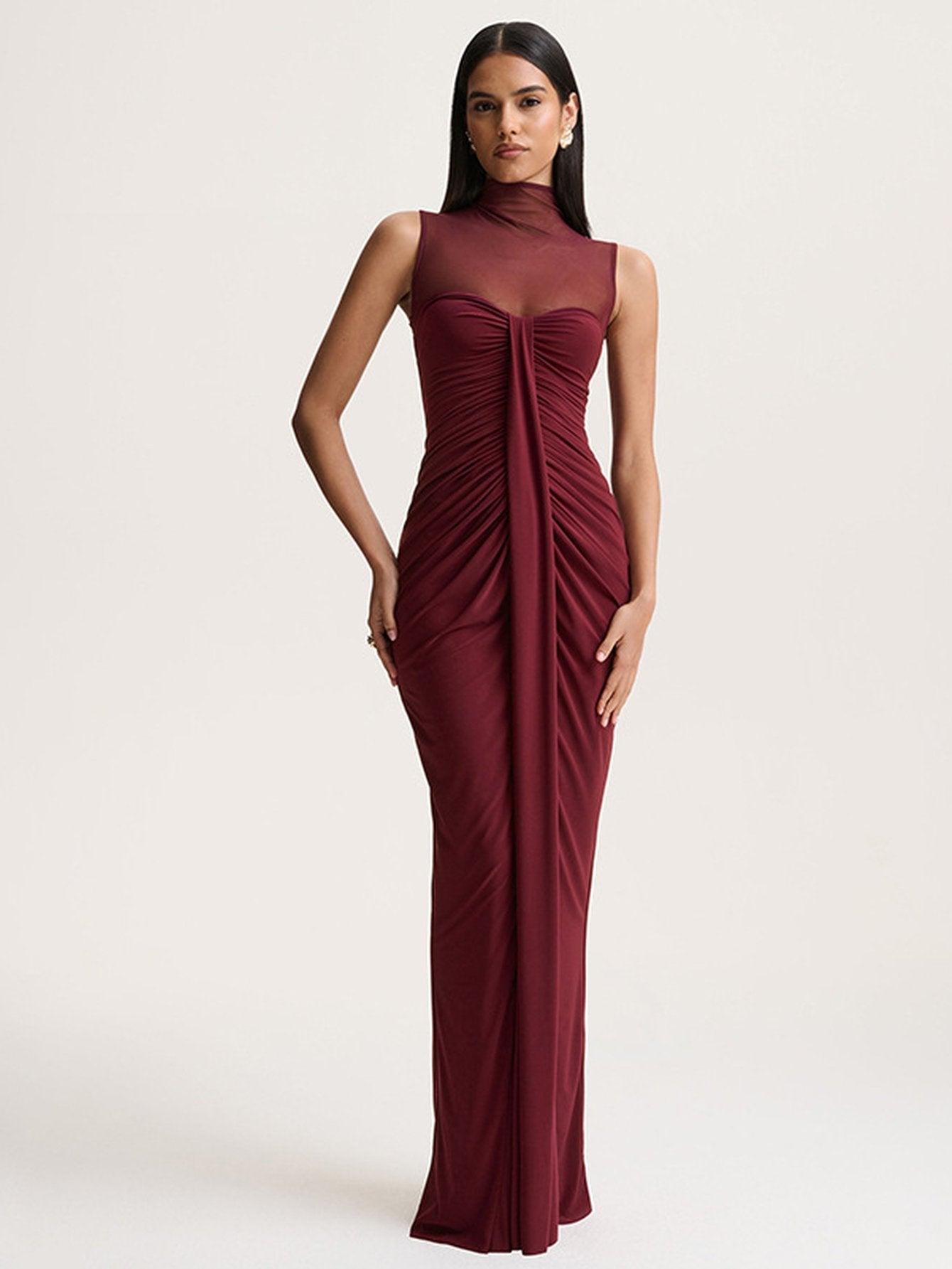 Mesh Mock Neck Ruched Maxi Dress