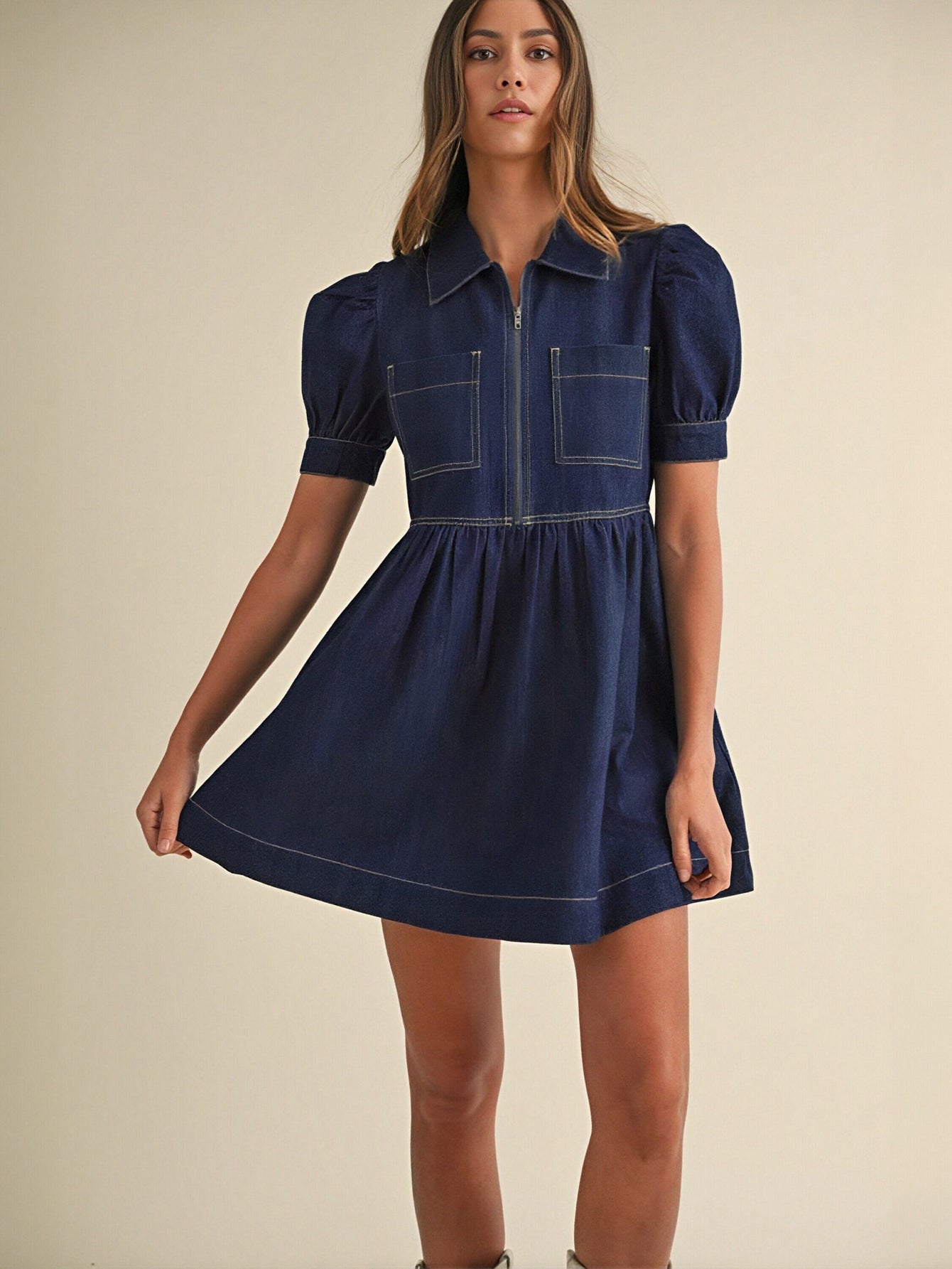 Zip Front Puff Sleeve Denim Dress