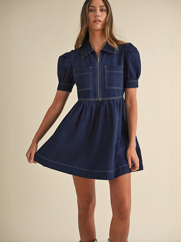 Zip Front Puff Sleeve Denim Dress