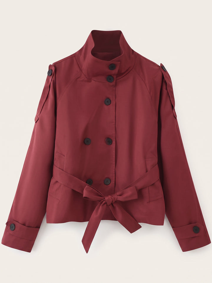 Cropped Belted Stand Collar Trench Coat