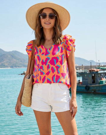 Leopard Print Ruffle Sleeve T-Shirt
